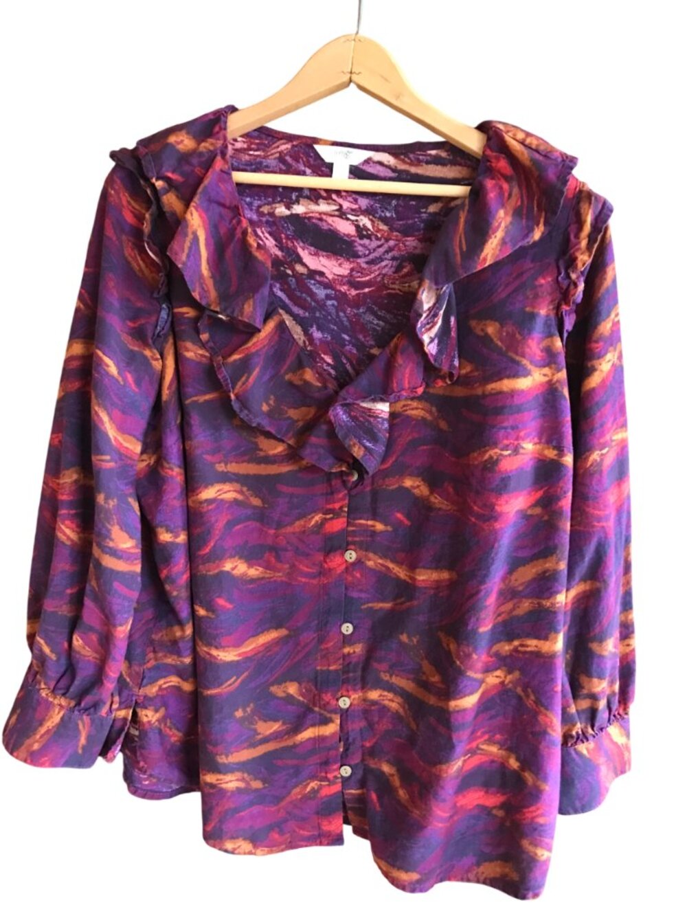 Terra & Sky Boho Ruffled Long-Sleeved Top Colorful Flowy Button-Down Size 0X 14W